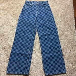 H&M Blue Checkered Girls Sz 12/ Women Sz 2 mid rise wide leg high ankle jeans